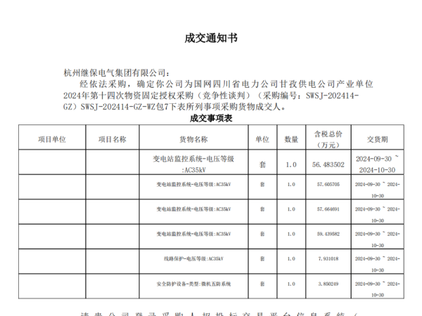 熱烈祝賀杭州繼保電氣中標(biāo)國(guó)網(wǎng)四川省電力公司甘孜供電公司產(chǎn)業(yè)單位 2024年第十四次物資固定授權(quán)采購項(xiàng)目